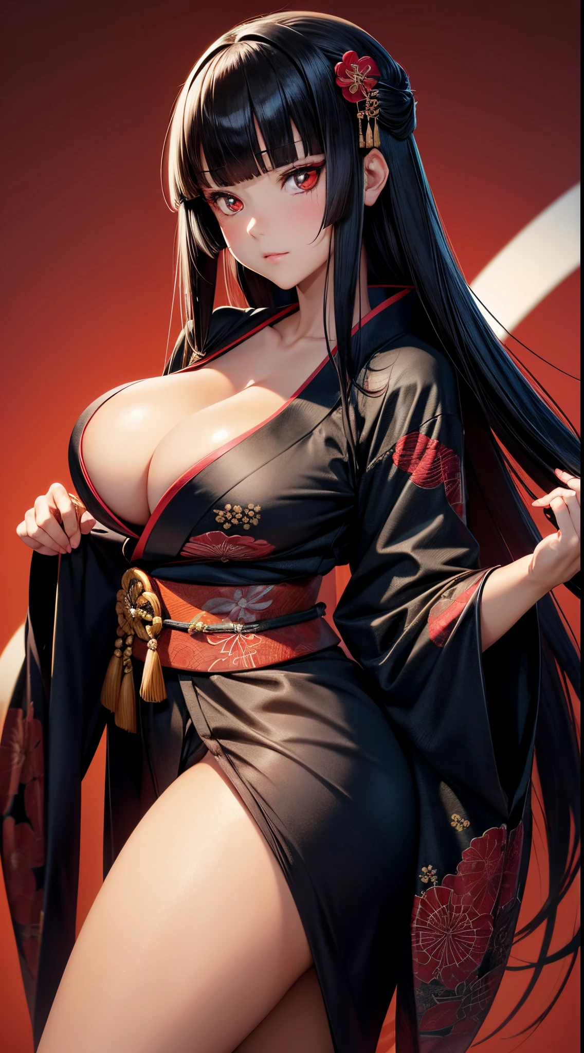 ((Best Quality)), ((masutepiece)), (Detailed), Perfect face A detailed face younggirl cleavage of the breast red eyes long, thick black hair Blunt bangs Solid background color Stand and pose wear kimono