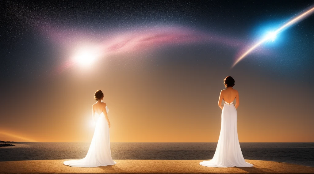 The Universe around Woman's silhouette portrait with magical properties and fireballs around her in white dress on white canvas aura