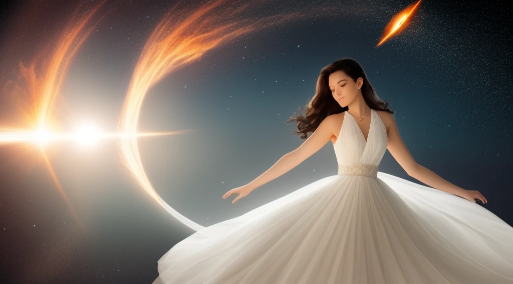 The Universe around Woman's silhouette portrait with magical properties and fireballs around her in white dress on white canvas aura