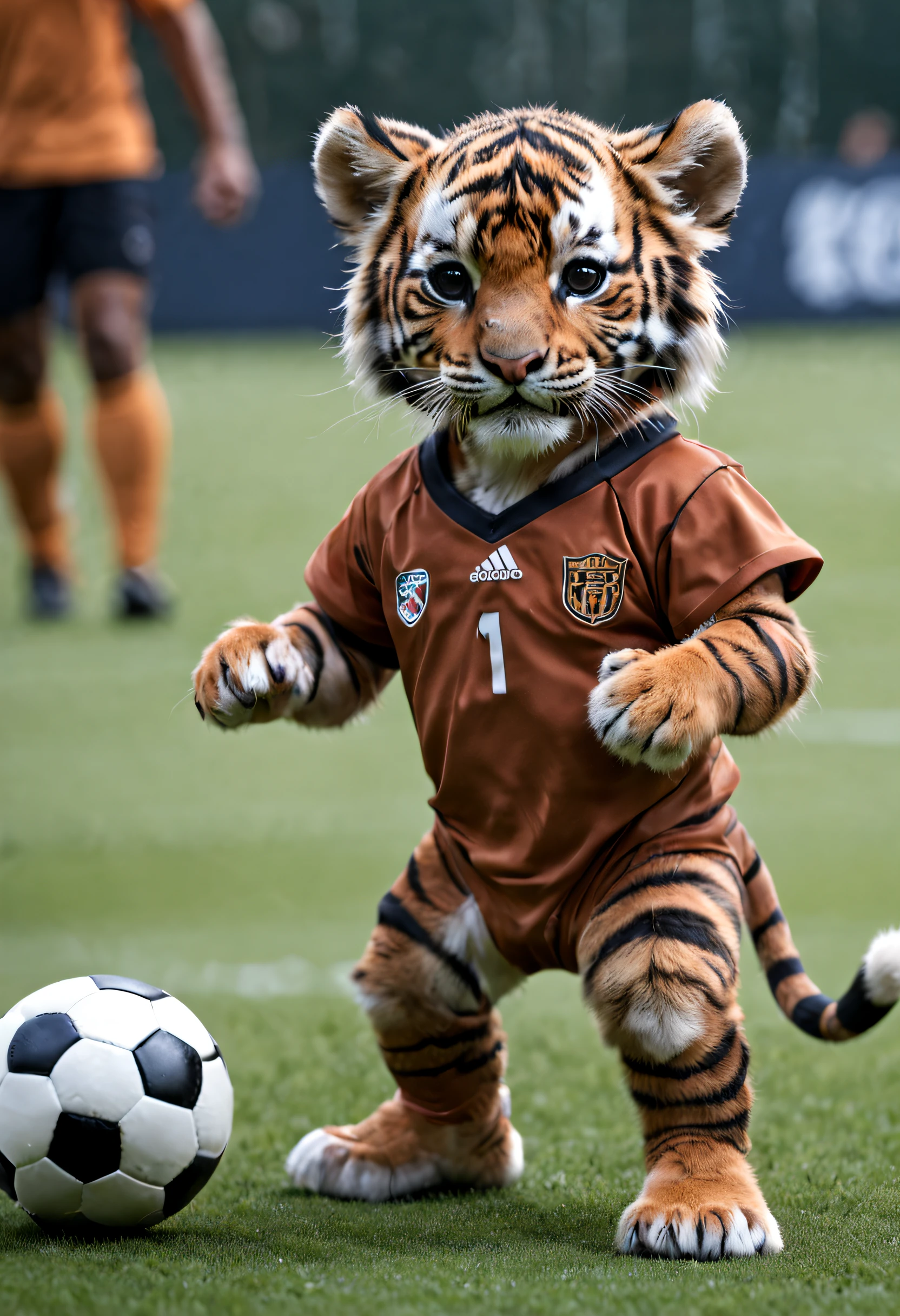 baby tiger mignon, debout qui fait du football professionnel