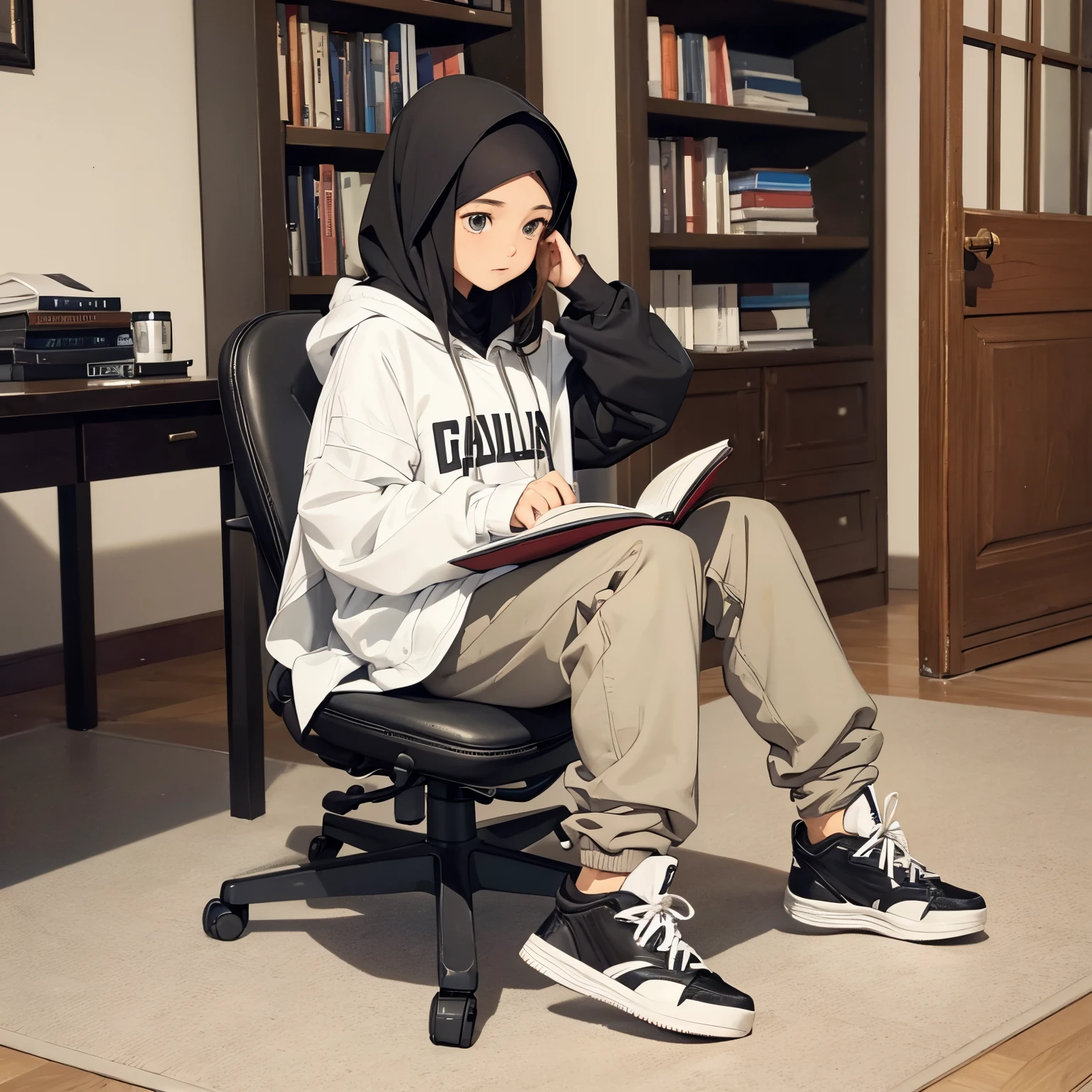 A beautiful and cute girl, hoodie, stoler, trousers, black, sneakers, decent, tall, cute Muslim,chair, reading book