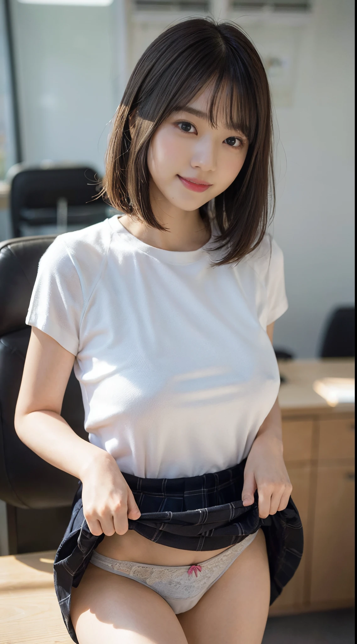 Beautiful Girl, (Pleated Skirt Lifting), ((Show panties)), looking in camera, Angle from below, Shy smile, a blond, ((of the highest quality, 16 K, masutepiece: 1.3)), Light on Face, hyperdetailed face, very detailed lips, Detailed eyes、Colossal tits、、Wearing a suit、Formalco Steume、At work、s Office、working in an office、A dark-haired、short-hair、Short black hair