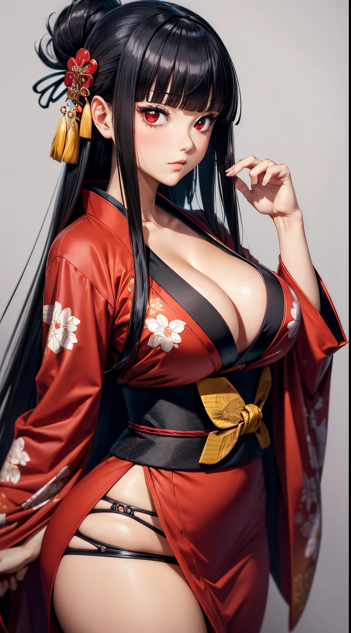 ((Best Quality)), ((masutepiece)), (Detailed), Perfect face　A detailed face　younggirl　cleavage of the breast　red eyes　long, thick black hair　 Blunt bangs　Solid background color　Stand and pose　wear kimono