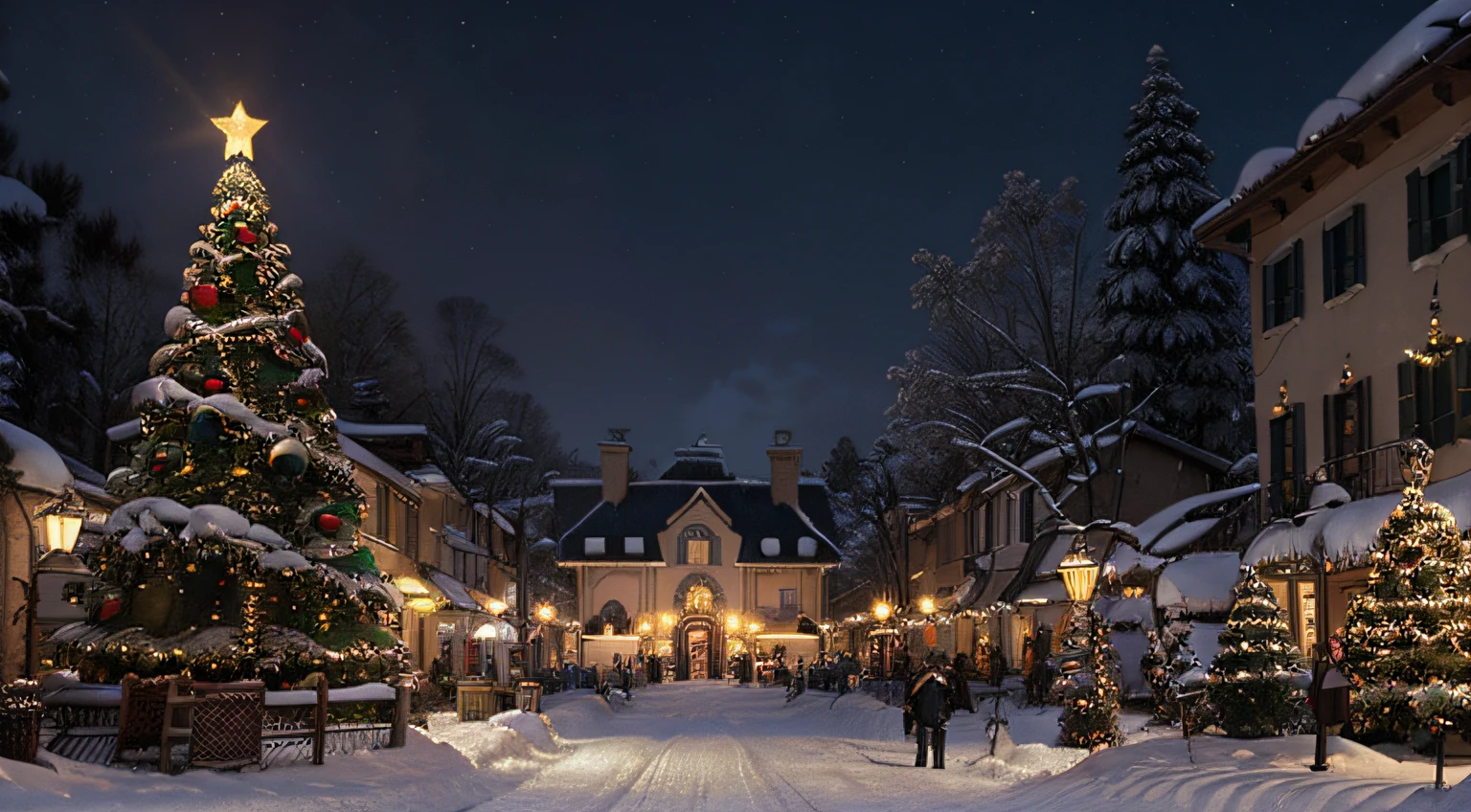 villaggio di Natale con un albero di Natale e una slitta piena di regali, notte di Natale, notte di Natale invernale innevato, ( ( thomas kinkade ) ), (((thomas kinkade))), sfondo HD, di Thomas Kinkade, di thomas kinkade, thomas kinkade dipinto, di artista senior, bellissimo!!!, 🕹️ 😎 🔫 🤖 🚬, tomas kinkade