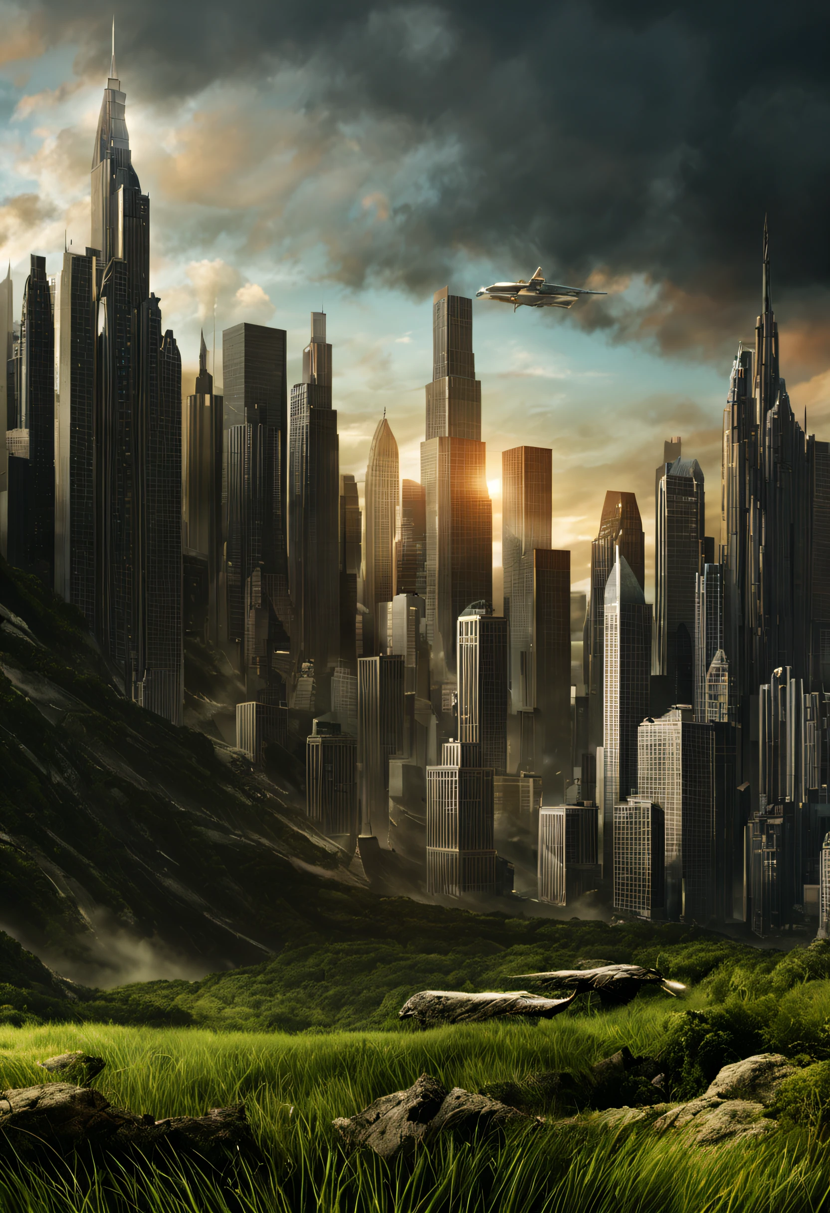 create a digital matte painting for a giant forest of a sci-fi movie set with giant skyscrapers next to the forest trees ,in the sky of this illustration, um astronauta masculino com uniforme branco voa com o foguete suitpac nas costas e voa baixo perto do solo, close-up of a field full of red flower buds on the green grass ground next to a grass path to the large metropolis situated in the background of the scene against the background of a blue sky with white clouds in 3D, ultra realismo na cinematografia da pintura fosca