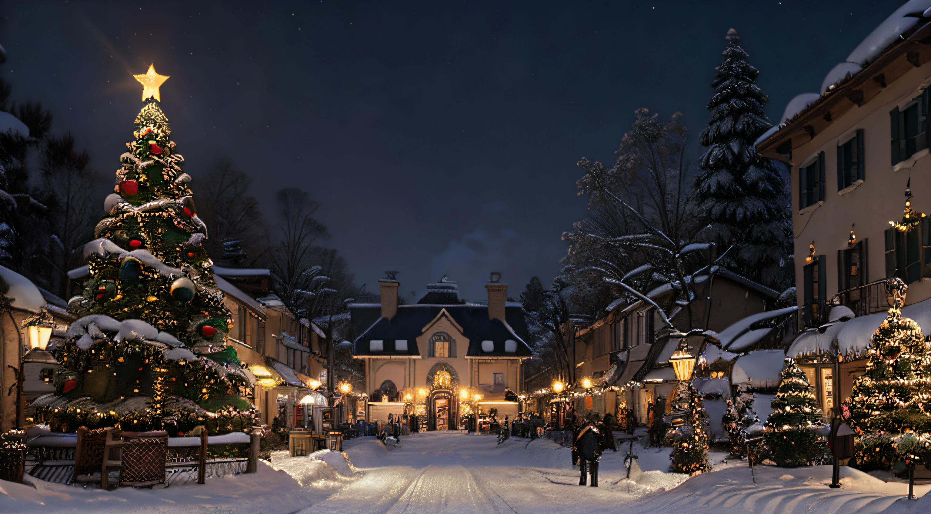 villaggio di Natale con un albero di Natale e una slitta piena di regali, notte di Natale, notte di Natale invernale innevato, ( ( thomas kinkade ) ), (((thomas kinkade))), sfondo HD, di Thomas Kinkade, di thomas kinkade, thomas kinkade dipinto, di artista senior, bellissimo!!!, 🕹️ 😎 🔫 🤖 🚬, tomas kinkade