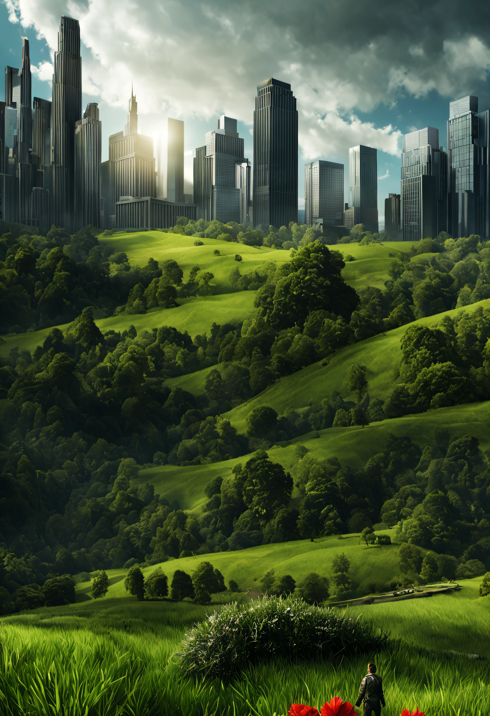 create a digital matte painting for a giant forest of a sci-fi movie set with giant skyscrapers next to the forest trees ,in the sky of this illustration, um astronauta masculino com uniforme branco voa com o foguete suitpac nas costas e voa baixo perto do solo, close-up of a field full of red flower buds on the green grass ground next to a grass path to the large metropolis situated in the background of the scene against the background of a blue sky with white clouds in 3D, ultra realismo na cinematografia da pintura fosca