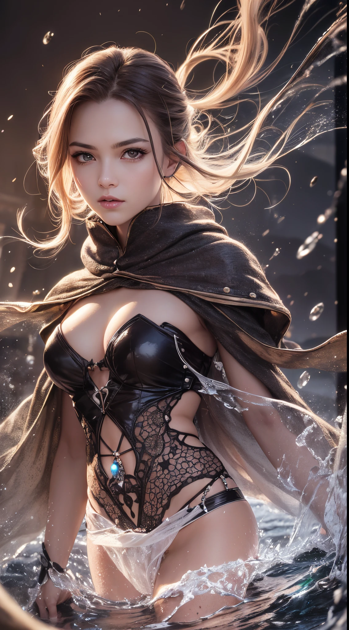 (Skindentation:1.5), Realistic, Photorealistic, (masutepiece:1.5), Concept art, Intricate details, Highly detailed, Photorealistic, Octane Render, 8K, Unreal Engine, Dynamic Pose, Best Quality, hight resolution, (Realistic face:1.1), (hyper realisitic:1.1), ((full_Body)), Perfect eyes,(Shiny skin:1.2), (((Hairstyle))), (((Perfect hand highly detailed background), Haunted Island, ((dynamic background)), ((Lightning)), (llight rays), (1girl in), wearing cloak, (((flowing cloak))), ((Detailed eyes, high quality eyes, face with high quality)), Long hair, (((Flowing hairstyle))), 1girl in ((controlling water)), (((whirlwind of water))), ocean, Tsunami, Magic, (creates a dramatic, depth of fields, Bokeh, 4K, Gothic, ((Sateen)), energy ball between hands