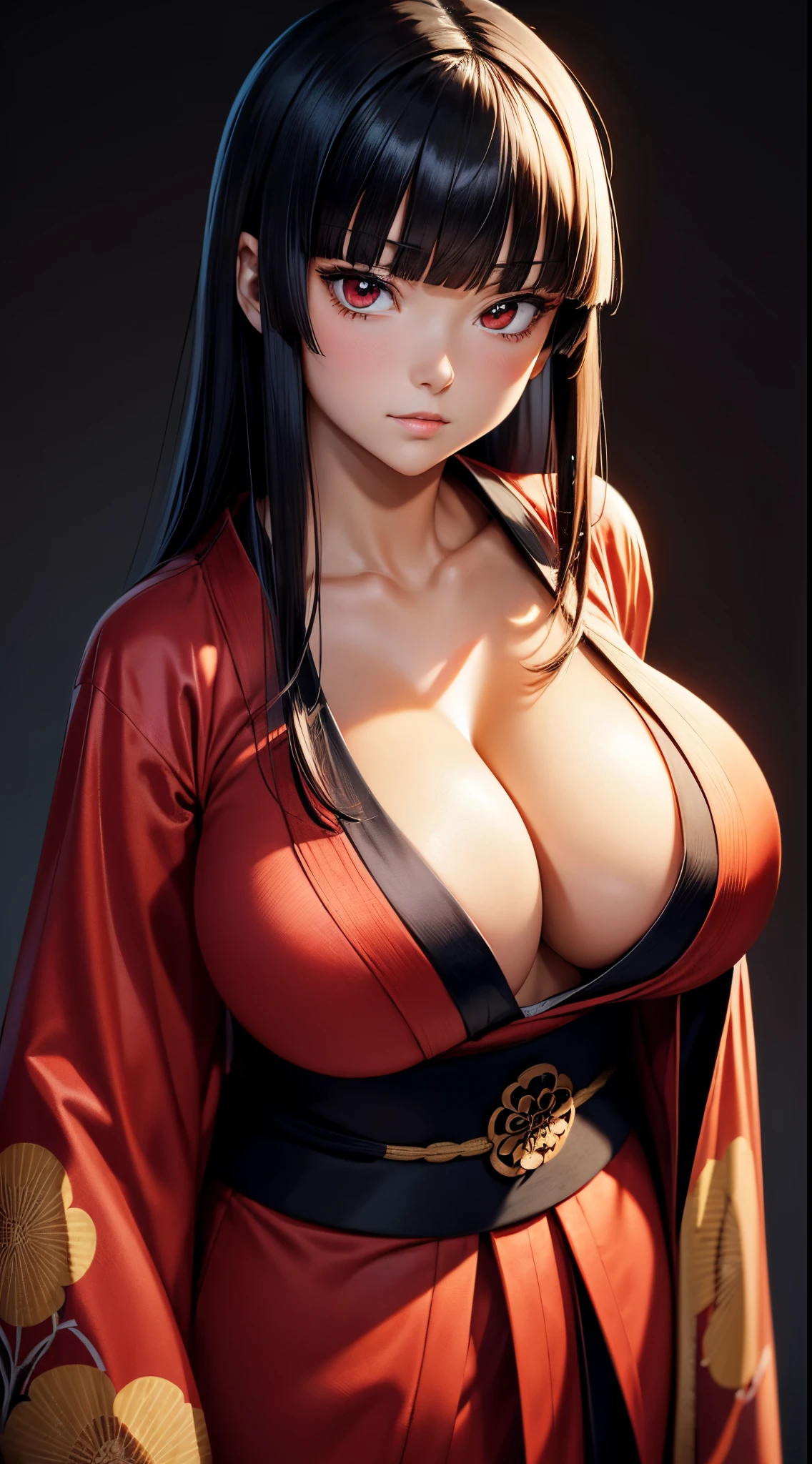 ((Best Quality)), ((masutepiece)), (Detailed), Perfect face　A detailed face　younggirl　cleavage of the breast　red eyes　long, thick black hair　 Blunt bangs　Solid background color　Stand and pose　wear kimono