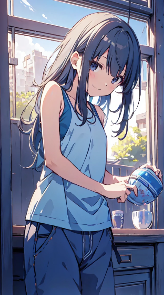masutepiece, Best Quality,Illustration, Wallpaper, ultra -detail, 1little girl、♡、Futomo、Poses in motion、soft smiling、Summer scenery、Tank Tops、shortpants