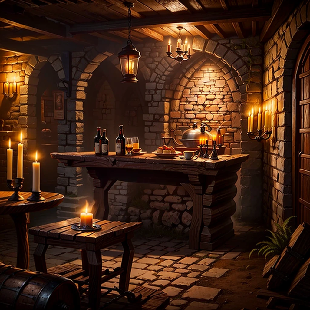 Uma taverna medieval com mesa, canecas de cerveja, candle lighting,  Rustic stone wall