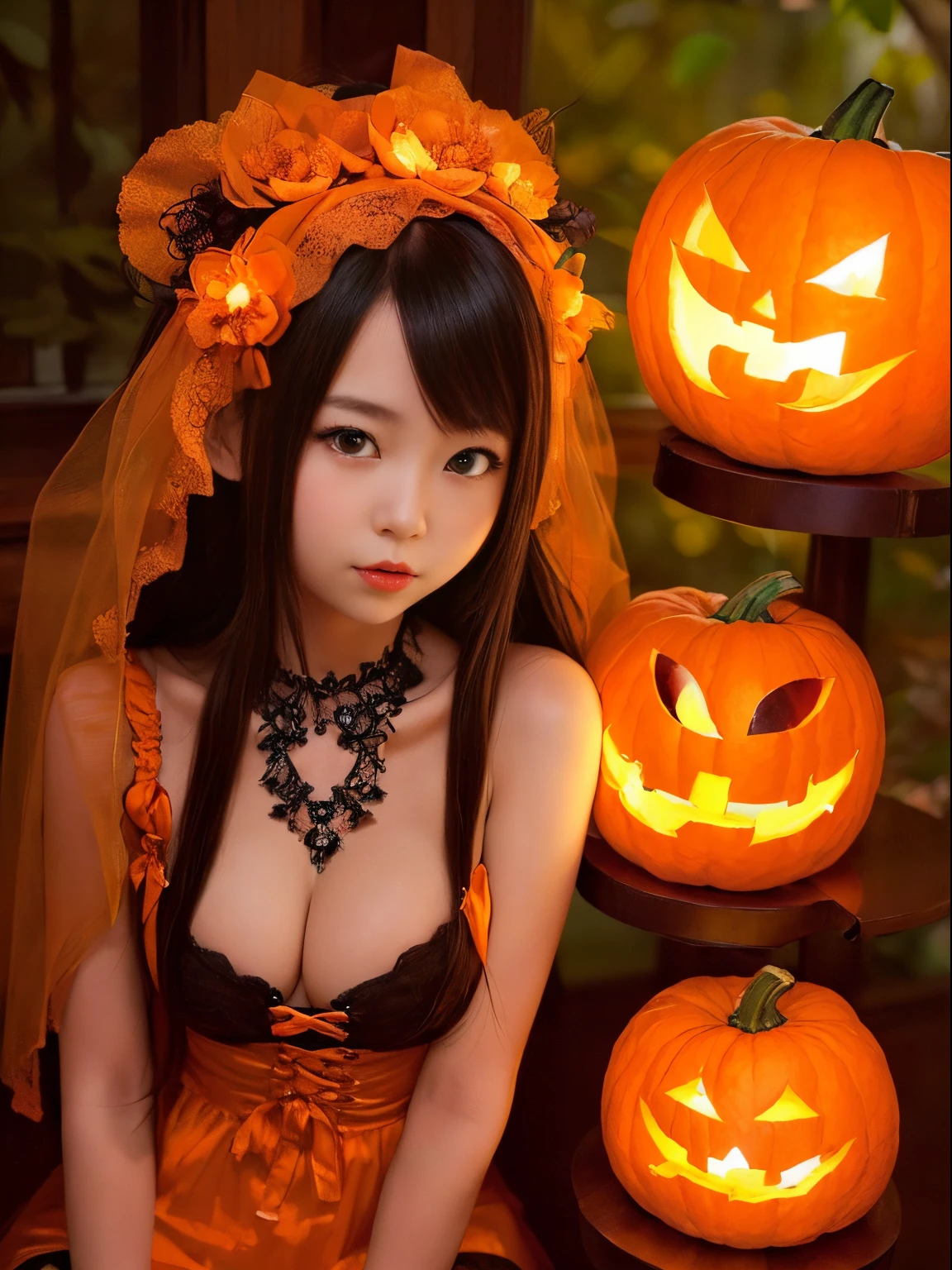 (​masterpiece、top-quality、top-quality、Beautifully Aesthetic:1.2)、(((Cute Shining Jack Lantern Head Girl)))、((I can't see the girl's face))、halloween night、ighly detailed、colourfull、highestdetailed,Russian beauty models