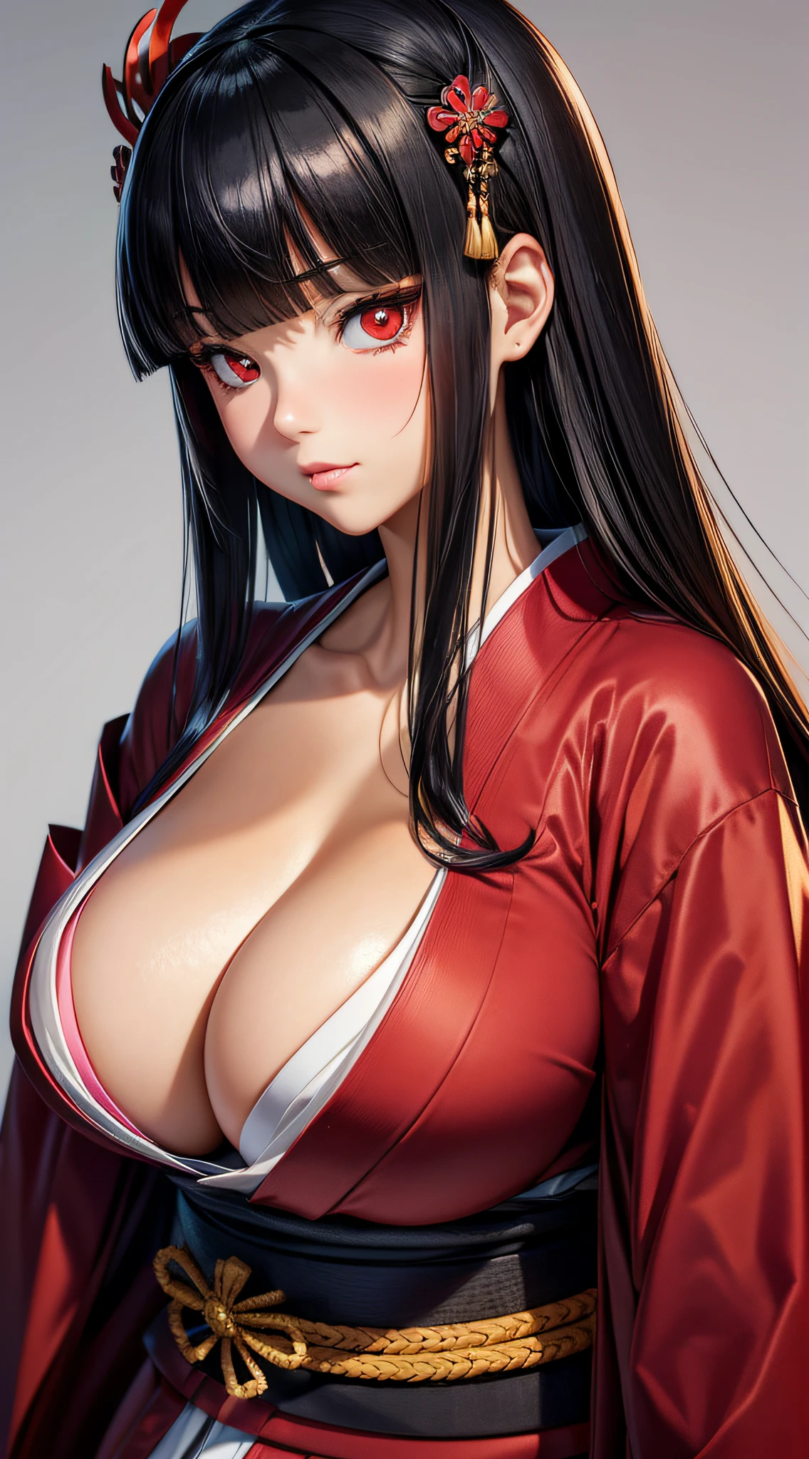 ((Best Quality)), ((masutepiece)), (Detailed), Perfect face　A detailed face　younggirl　cleavage of the breast　red eyes　long, thick black hair　 Blunt bangs　Solid background color　Stand and pose　wear kimono