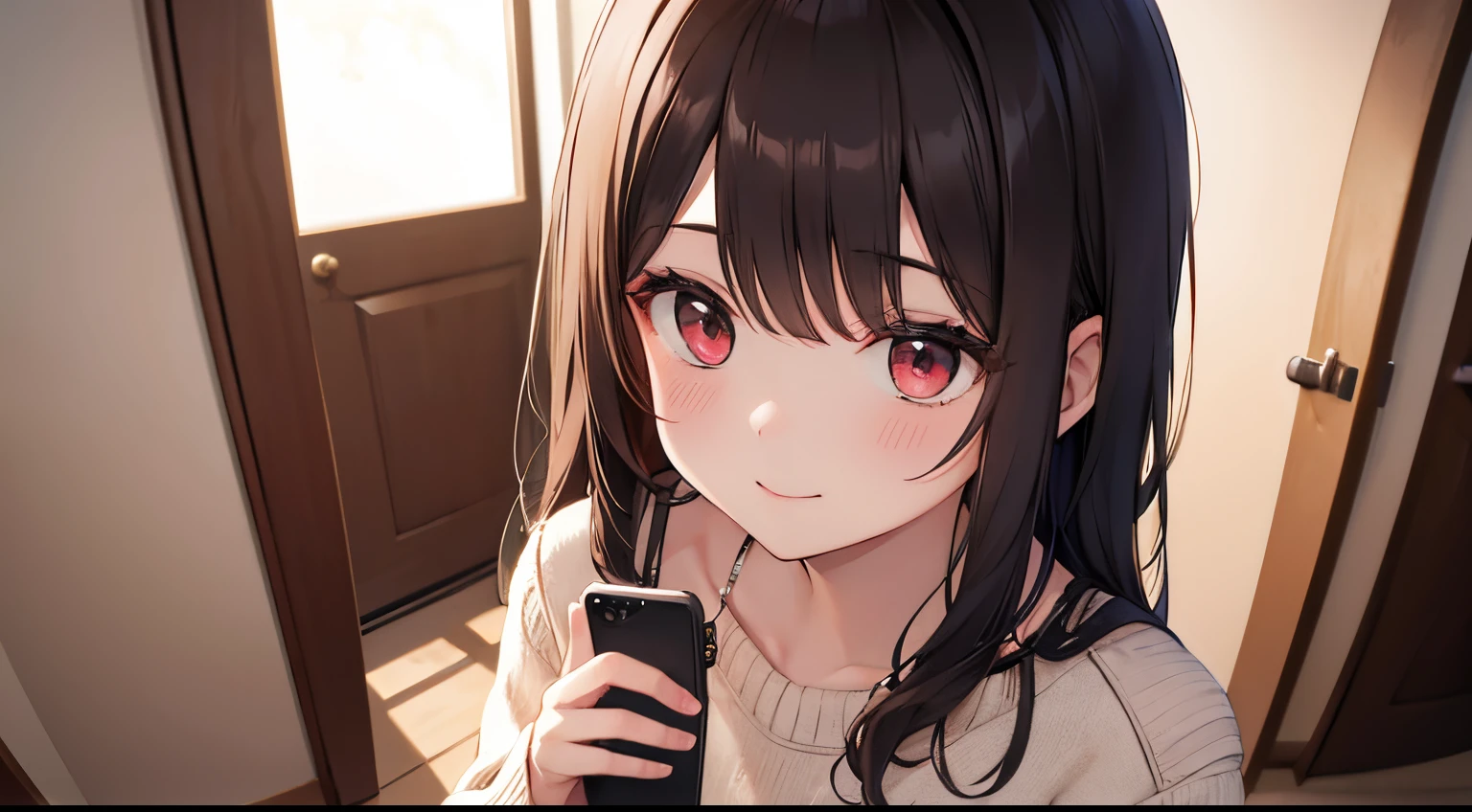 Anime girl with long black hair holding a cell phone - SeaArt AI