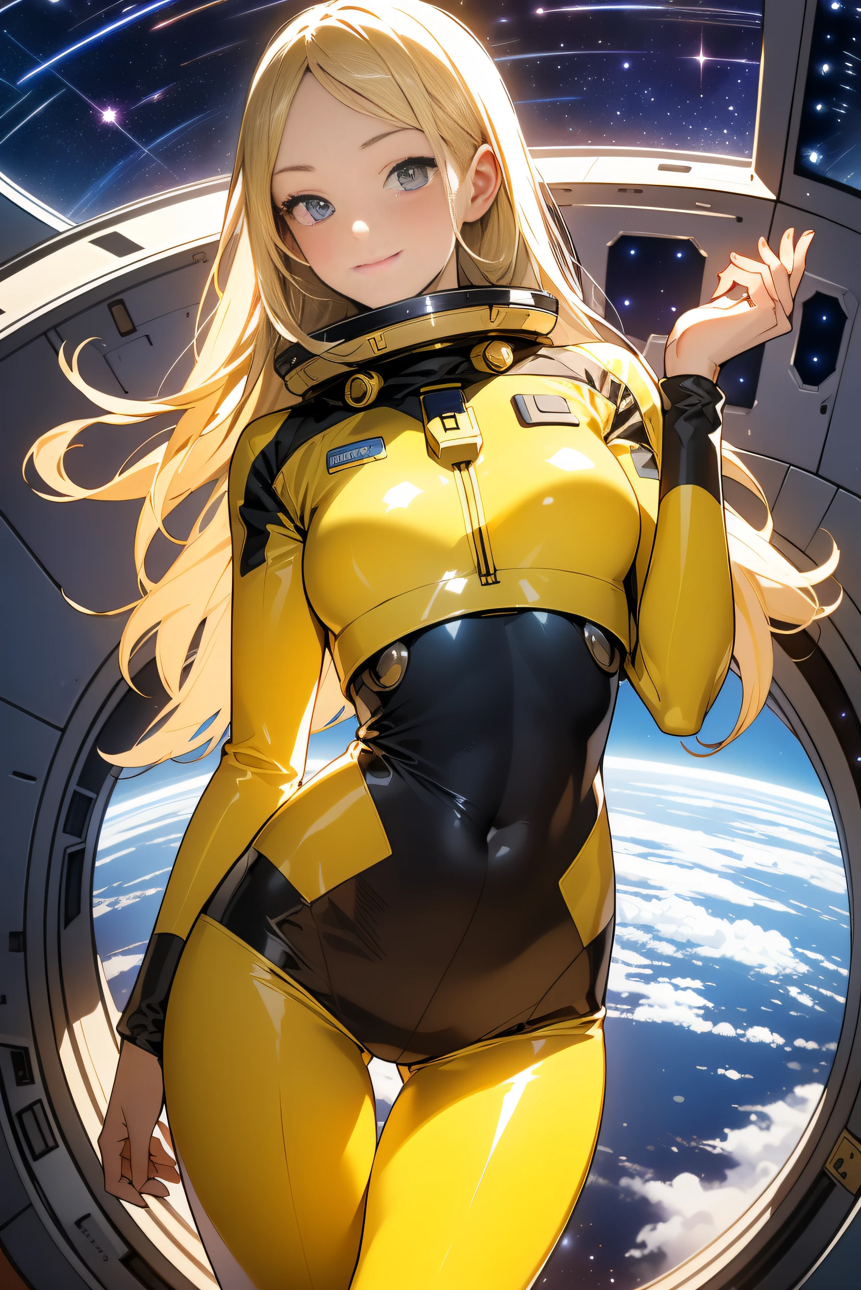 (masterpiece, best quality:1.2), (cowboy shot:1.1), solo, 1girl, mori yuki, slight smile, closed mouth, side view, looking at viewer, blonde hair, long hair, thigh gap, yellow bodysuit, skin-tight, perfect body, large window, (starship porthole:1.3), (spread legs:1.3), (standing:1.1), thigh gap, pose, sideview, perfect hands, bright starship interior, (outer space view:1.1), (orbital view:1.3), (night, stary sky:1.5), milky way