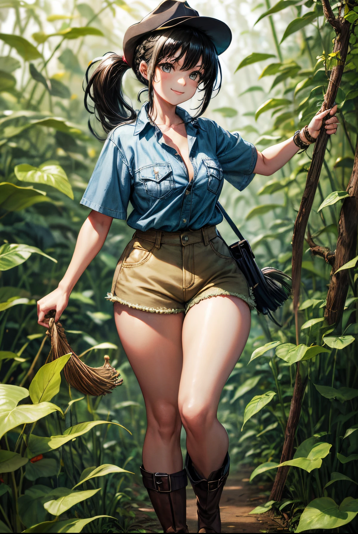 Painting of a smiling, gorgeous woman with black hair tied in a loose ponytail wearing an explorer hat, a buttoned-up blue shirt with short sleeves, beige shorts with pockets and brown traveling boots. She walks in a thick jungle pushing away the large leaves and vines around. Anime style, highly detailed