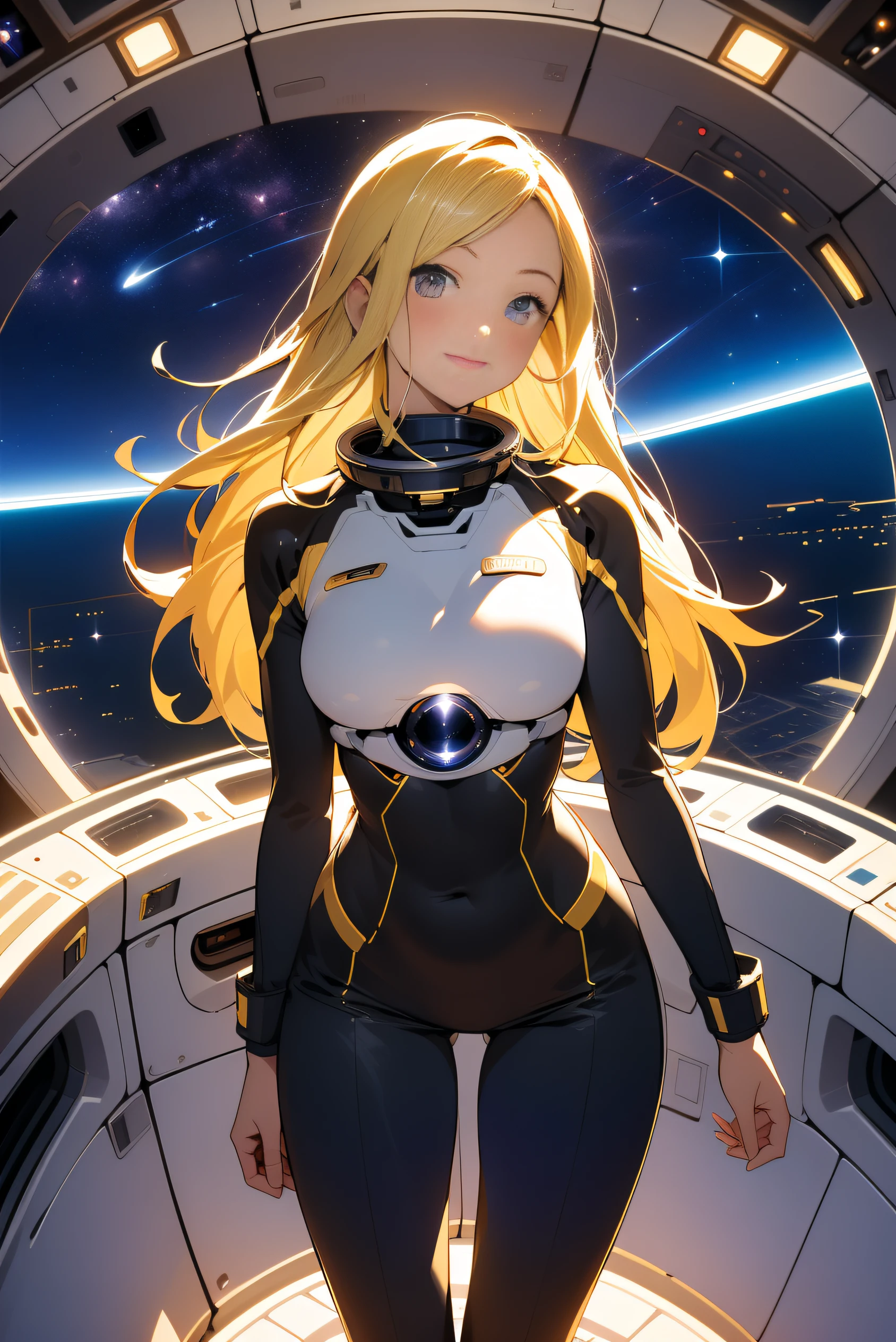 (masterpiece, best quality:1.2), (cowboy shot:1.1), solo, 1girl, mori yuki, slight smile, closed mouth, side view, looking at viewer, blonde hair, long hair, thigh gap, yellow bodysuit, skin-tight, perfect body, large window, (starship porthole:1.3), (spread legs:1.3), (standing:1.1), thigh gap,  pose, sideview, perfect hands, bright starship interior, (outer space view:1.1), (orbital view:1.3), (night, stary sky:1.5), milky way