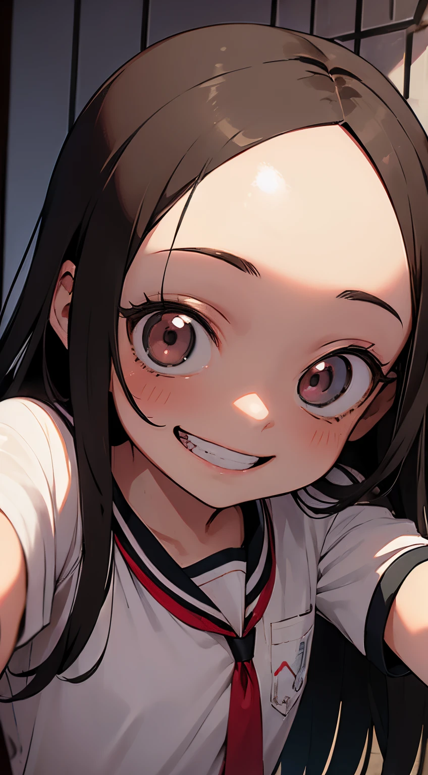 (((masterpiece))), Takagi, in a brighter outdoor, innocent smile, long hair, wearing school uniform