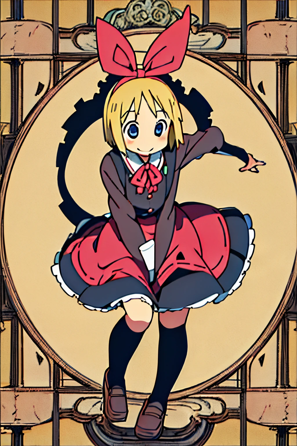 Haruna Annaka, blonde, short hair, big red ribbon on head, high school student, beautiful drawing, full body, eyelashes, detailed background, smile, looking at viewer, blush, Gothic Lolita, flat chest
