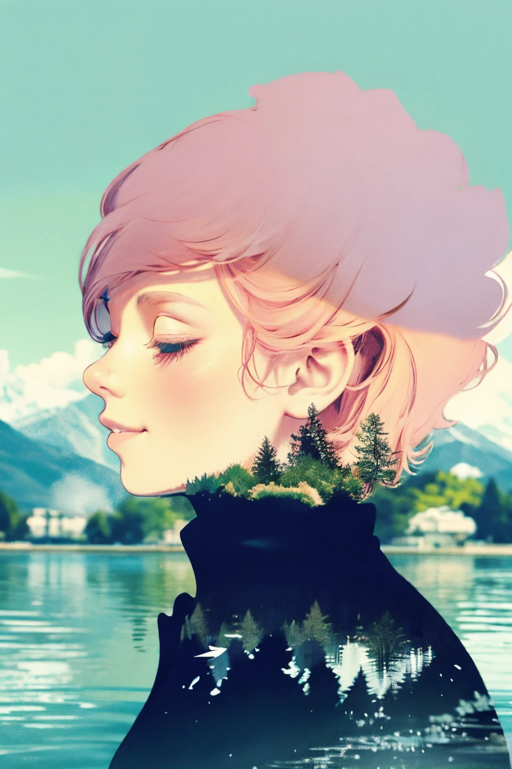 Use your imagination with this visually illustrated prompt, A girl with a bright smile appears, Her outfit 、A perfect match for the enchanting lakeside backdrop, Enhanced with mesmerizing multiple exposure effects