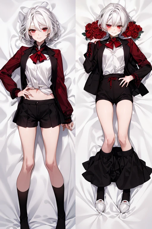 ((tmasterpiece)),((((best qualtiy))),(CharacterDesignSheet,Same character,frontage,Lateral face,on back),lovely girl,with short white hair,red color eyes,smile,Black sailor costume with shorts,Red roses as accessories,详细的脸,detailed hair ,white backgrounid:1.3)