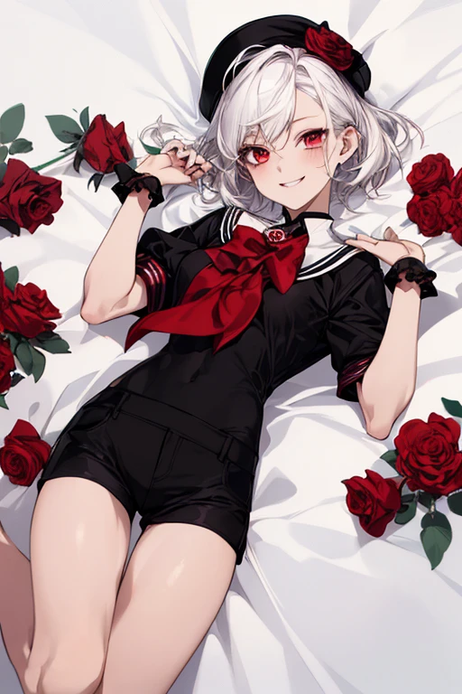 ((tmasterpiece)),((((best qualtiy))),(CharacterDesignSheet,Same character,frontage,Lateral face,on back),lovely girl,with short white hair,red color eyes,smile,Black sailor costume with shorts,Red roses as accessories,详细的脸,detailed hair ,white backgrounid:1.3)