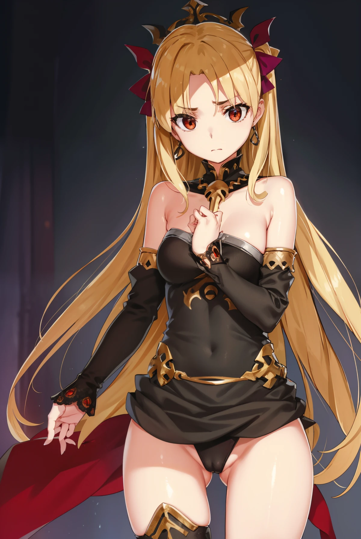 ereshkigal, ereshkigal yd, blonde hair, earrings, hair bow, hoop earrings, jewelry, long hair, (parted bangs:1.5), (red eyes:1.5), two side up,
anklet, asymmetrical legwear, asymmetrical sleeves, black legwear, black leotard, black nails, bow, crown, gold, gold trim, leotard, nail polish, purple bow, single sleeve, single thighhigh, skull, spine, thighhighs, uneven legwear, uneven sleeves, yellow footwear,
BREAK outdoors, city,
BREAK looking at viewer, (cowboy shot:1.5),
BREAK (masterpiece:1.2), best quality, high resolution, unity 8k wallpaper, (illustration:0.8), (beautiful detailed eyes:1.6), extremely detailed face, perfect lighting, extremely detailed CG, (perfect hands, perfect anatomy),