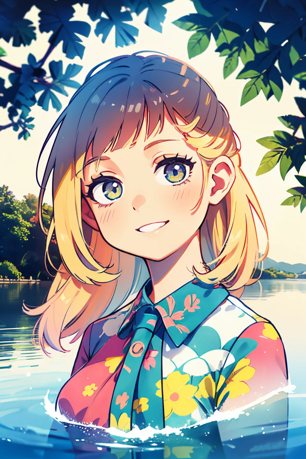 Use your imagination with this visually illustrated prompt, A girl with a bright smile appears, Her outfit 、A perfect match for the enchanting lakeside backdrop, Enhanced with mesmerizing multiple exposure effects