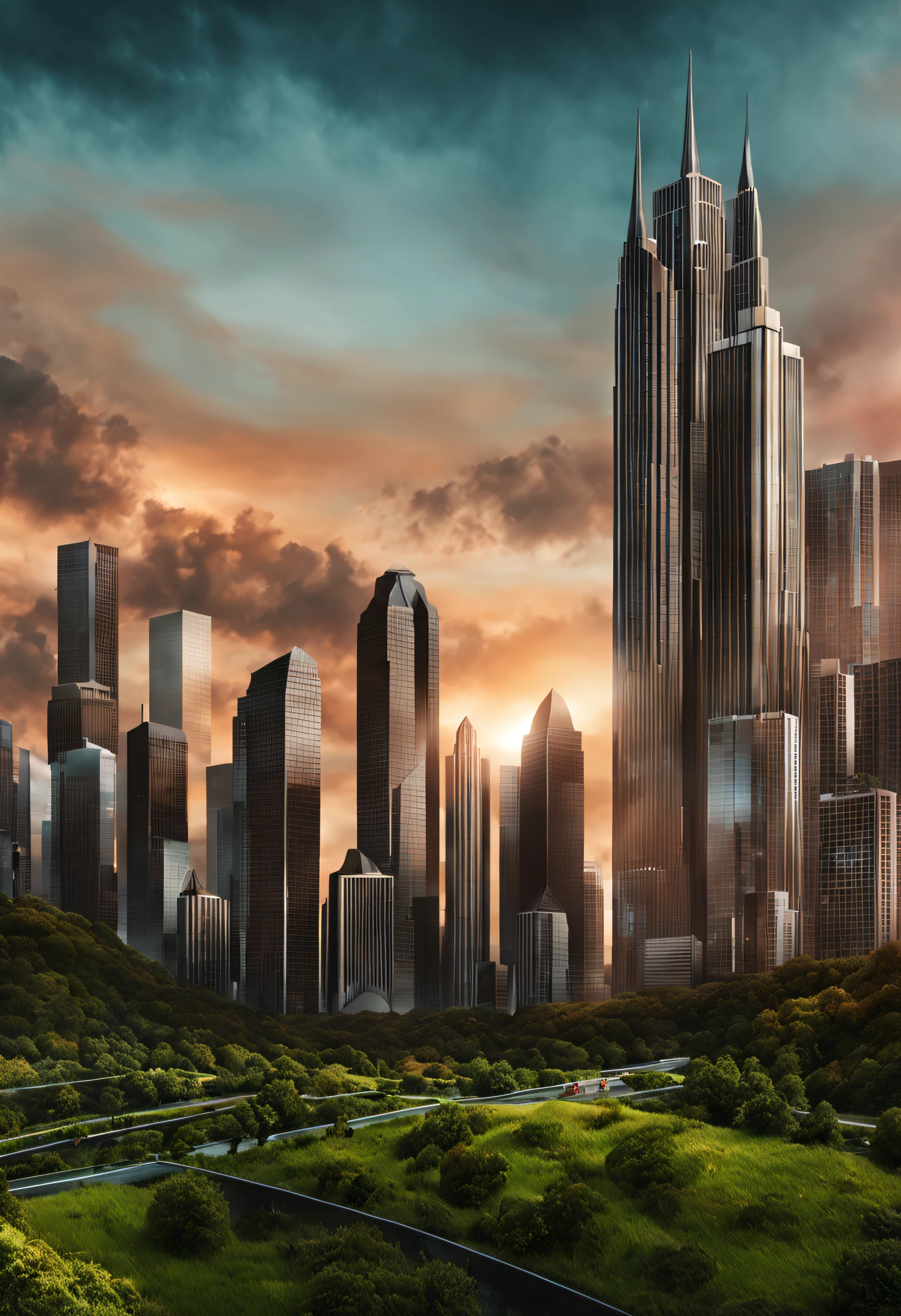 create a digital matte painting for a giant forest of a sci-fi movie set with giant skyscrapers next to the forest trees ,in the sky of this illustration, um astronauta masculino com uniforme branco voa com o foguete suitpac nas costas e voa baixo perto do solo, Detailed and realistic close-up of a field full of red flower buds on the green grass ground next to a path next to the green ground grass towards the large metropolis situated in the background of the scene against the background of a blue sky with 3D white clouds, ultra realism in the matte painting cinematography of the illustration based on the matte painting art of artist Albert Whitlock