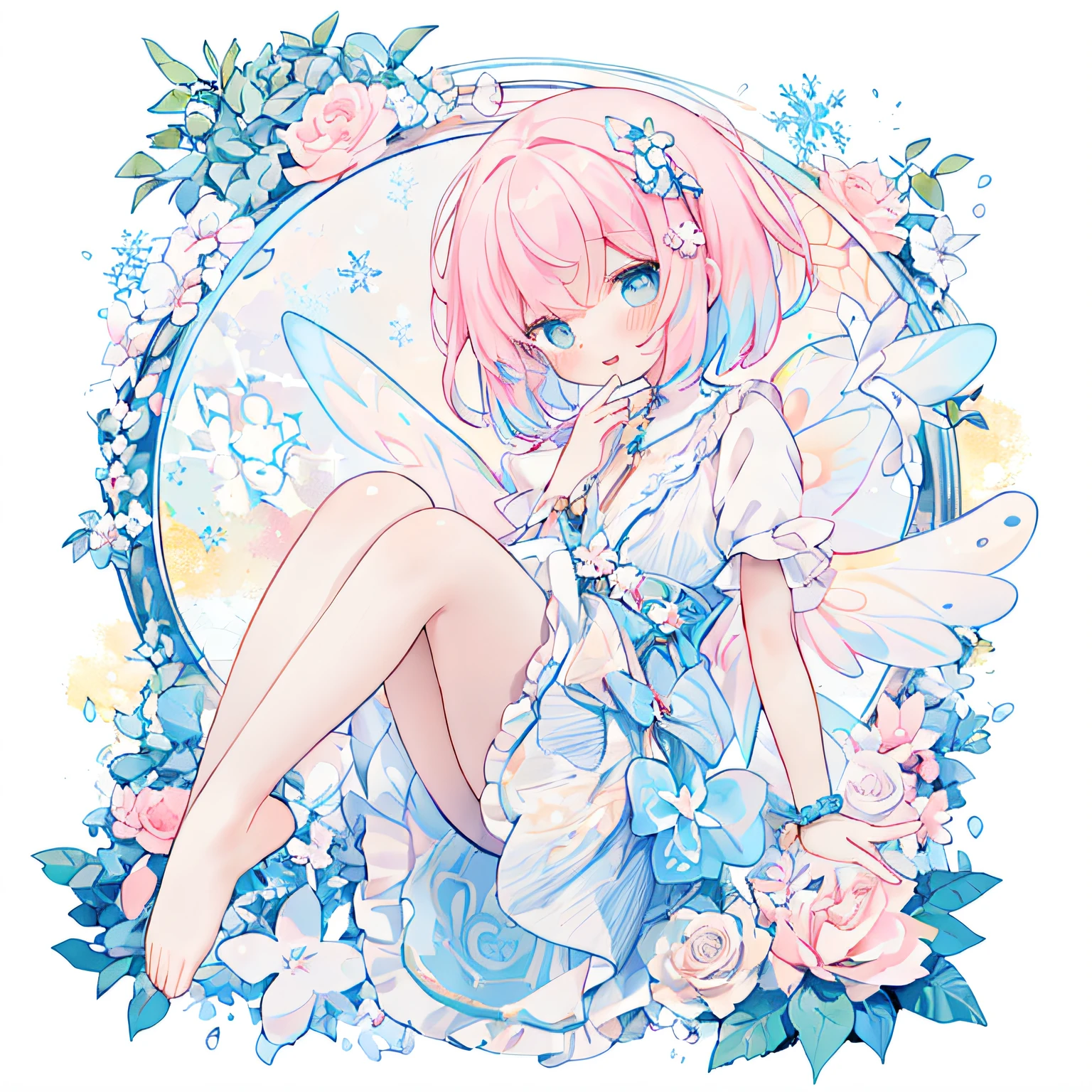 (PastelColors:1.3)、(Cute illustration:1.3)、(watercolor paiting:1.1)、(Wearing large transparent fairy wings with polka dots。。。。。。。。。。。。。。。。。：1.3),Falling from the sky,Head down, feet up, Blue haired girl,improve,ultra wide-angle  ,Detailed background、Smile with open mouth、Beautifully detailed、Moya、colourfull、marble、Particles of light、Pattern ROM side、Shirayuki Noel、Snowflake、
Detailed drawing、Vibrant colors、striking contrast、intricate detailes、Delicate depiction、Luminescent、full body Esbian、From the side、Beautiful facial features、appropriate color eyes、Wearing intricate and delicate ornaments、glowing aura、Radiant hair,Illuminated by the morning light、Summer wreaths、Pale yellow background、Fairy with a bouquet Fairy、A pink-haired、Bun head、jumpping、levitation、Thick wool gown:0.4