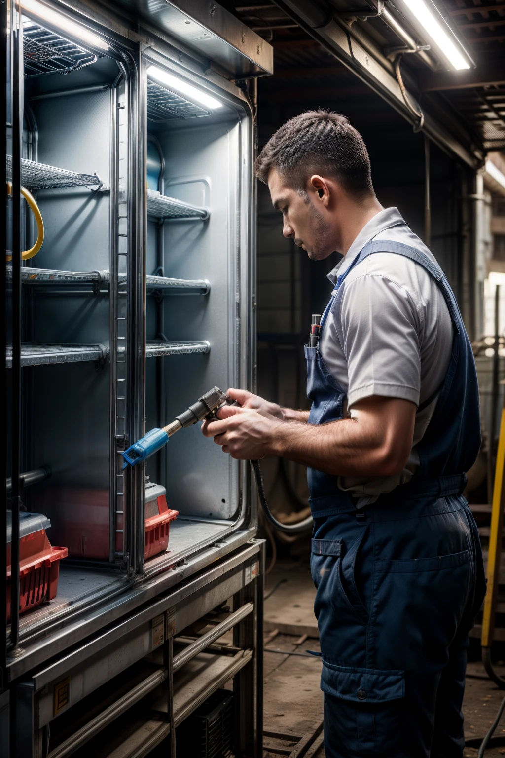 Male worker installing refrigeration unit outdoors, soldering of pipelines, (Best Quality,4k,8K,hight resolution,Masterpiece:1.2),Ultra-detailed,(Realistic,Photorealistic,photo-realistic:1.37),Colorful and bright background,blurry bokeh effect,Deep color,Rich color