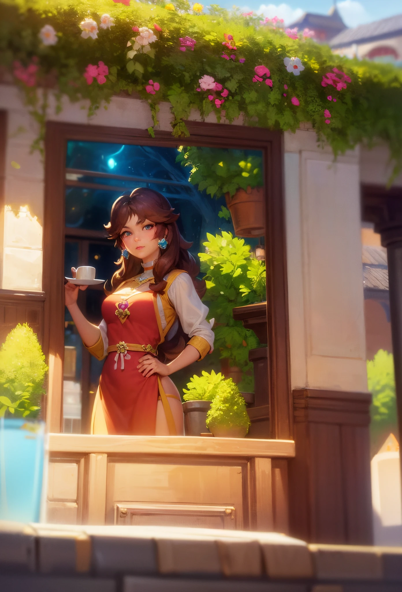 there  a woman in a standing in a window, inspired by Gaston Bussière, artwork in the style of guweiz, fantasy genre portrait, beautiful character painting, abigail from stardew valley, renaissance digital painting, mysterious coffee shop girl, portrait of megara, inspired by gaston bussiere, artgerm and atey ghailan