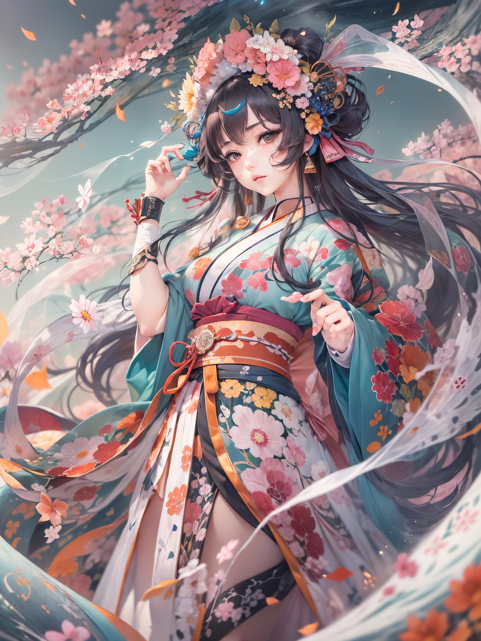A beautiful woman smiles and shows her upper white teeth、Vividly colored Japanese Ukiyo-e style illustrations、SeaArt creates stunning illustrations of beautiful women in kimono、Brown-black long hair、Beautiful full body style、Beautiful digital illustrations,、Beautiful digital painting, Bright and vivid anime CG art, Detailed digital anime art, Beautiful anime portraits