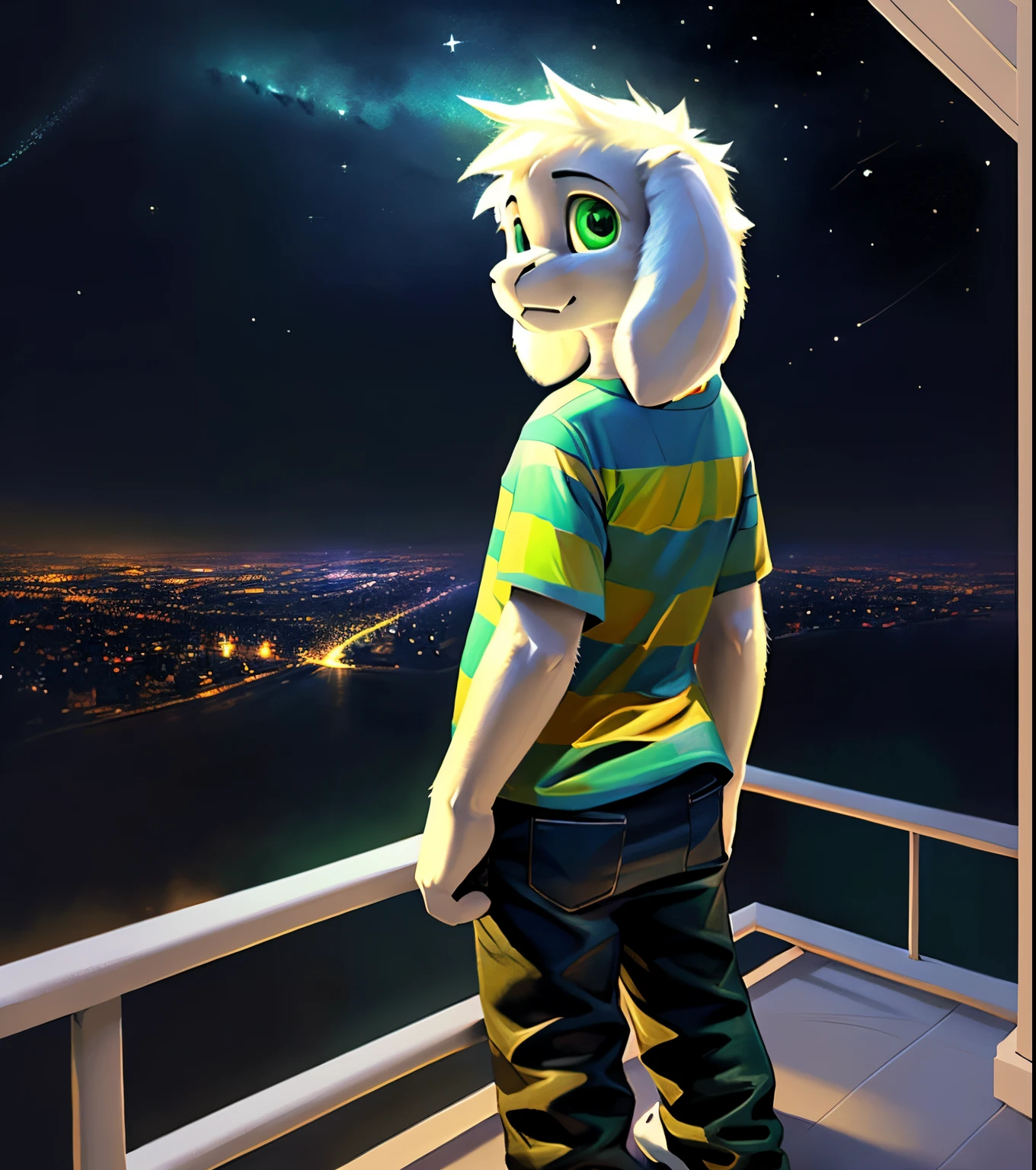 1boy,(( )), t-shirt, pants, solo, kid, child, , 1boy, standing on a balcony, over a magical fantasy townscape, night time, multicolor stars, beautiful night sky, space, masterful composition, dramatic angle, eye catching
, ethereal, dreamlike, bloom lighting, white marble, compact, artistically dramatic composition, (green-yellow striped t-shirt, brown pan quality, ultra-detailed, best illustration, masterpiece, high res, professional artwork, famous artwork), realistic paint, (insane detailed eyes, green shine eyes), white fur, detailed realistic painting, male, detailed white fur, asriel, portrait, detailed hands, shaded, four fingers, insane details, looking forward, cartoon, cute