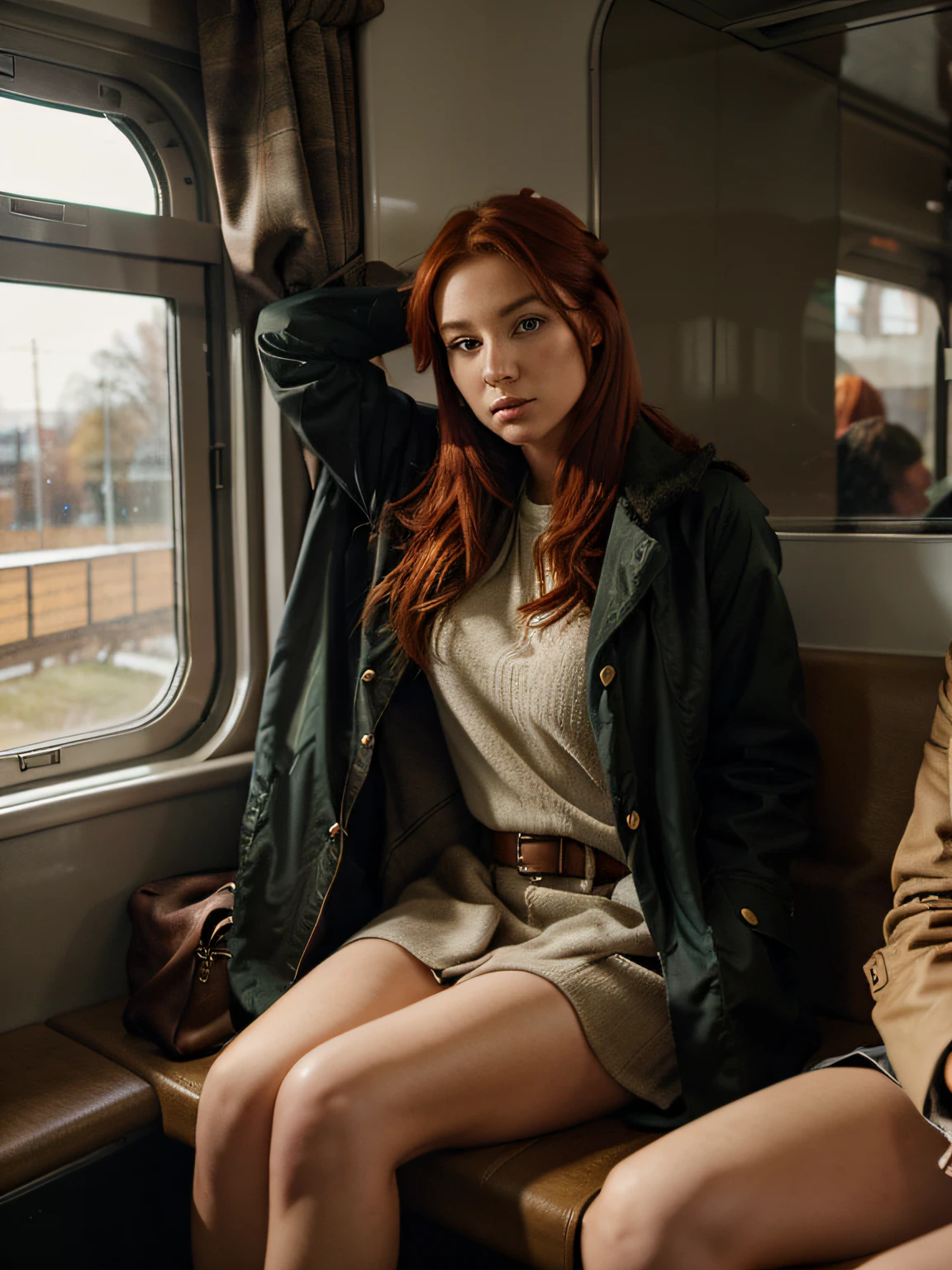 red hair girl, good looking, with Barbour style coat, on a train. sitting, next window seat