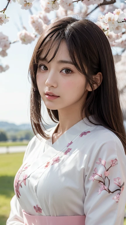 (A flaasterpiece、8K、On the table、RAW photogr、Excellent、Best quality at best、realisticlying、Highly detailed CG integrated 8K wallpaper、high high quality、The very detailed、epic、particle effect、Dynamic effects、depth of fields、电影灯光、lens flare glow、Ray traching)、fanciful、 (Beauty 1 person、white japanese clothes、Japanese dress、White cherry blossom pattern、White cherry blossom embroidery pattern、A brunette one、pretty face、real face、Beautiful details eyes beautiful skin)、Hair Fluttering in the Wind、hair jumping、Pink cherry blossom tree、Petals flying、Sakura blizzard、Scenic beauty、morningglow、sun in background、ventania、The deitieucktooth、mito、vast land、