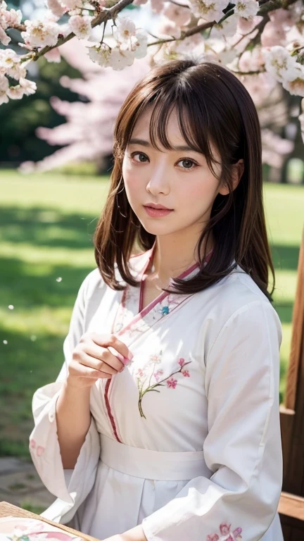 (A flaasterpiece、8K、On the table、RAW photogr、Excellent、Best quality at best、realisticlying、Highly detailed CG integrated 8K wallpaper、high high quality、The very detailed、epic、particle effect、Dynamic effects、depth of fields、电影灯光、lens flare glow、Ray traching)、fanciful、 (Beauty 1 person、white japanese clothes、Japanese dress、White cherry blossom pattern、White cherry blossom embroidery pattern、A brunette one、pretty face、real face、Beautiful details eyes beautiful skin)、Hair Fluttering in the Wind、hair jumping、Pink cherry blossom tree、Petals flying、Sakura blizzard、Scenic beauty、morningglow、sun in background、ventania、The deitieucktooth、mito、vast land、