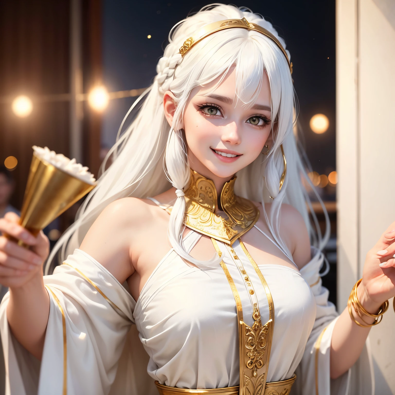 best quality, white hair, gold eyes, white clothes, upper body, hair strand, Fair skin, smiling, she is attending a party