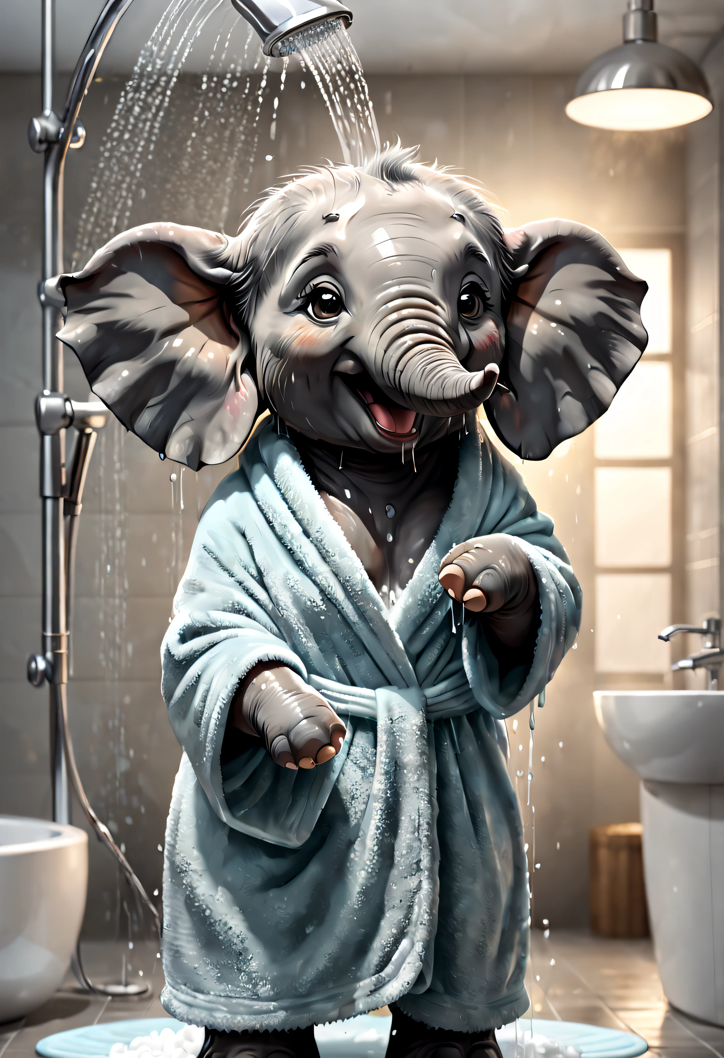 Elephant, Heureux et mignon, prendre une douche, avec de la mousse,illustration,Caricatural,ultra-realistic,couleurs douces,glowing lighting,Douleur moyenne:Eau de douche,serviette moelleuse,vapeur,.+(Best quality,4K,8k,high resolucion,Masterpiece:1.2),.
