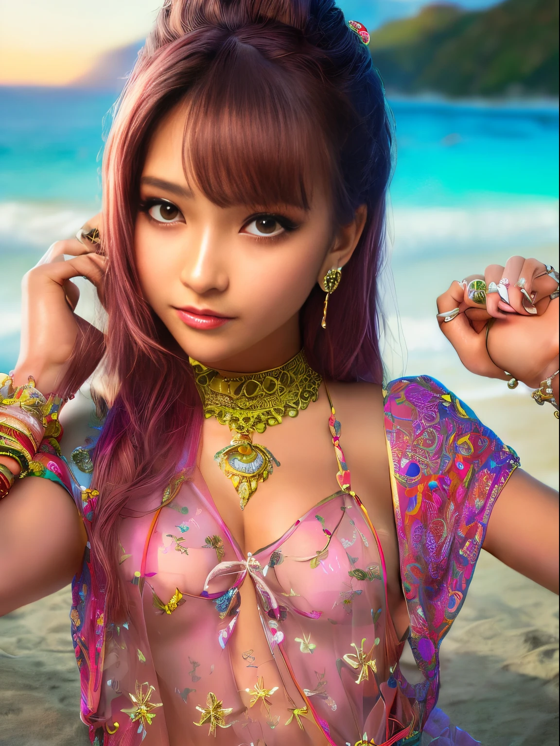 (upper body), (best quality:1.1) ,(photorealistic:1.1), (photography:1.1), (highly detailed:1.1), looking at viewer,armlet, Jade bracelet, eyelashes, happy, medium breasts,beautiful detailed girl, (extremely detailed eyes and face), (lighting on face),necklace,Colorful clothes, [chinese clothes],[off shoulder], (solo:1.2), sandbeach,sand,Standing by the seaside, summer, (beautiful detailed sky),