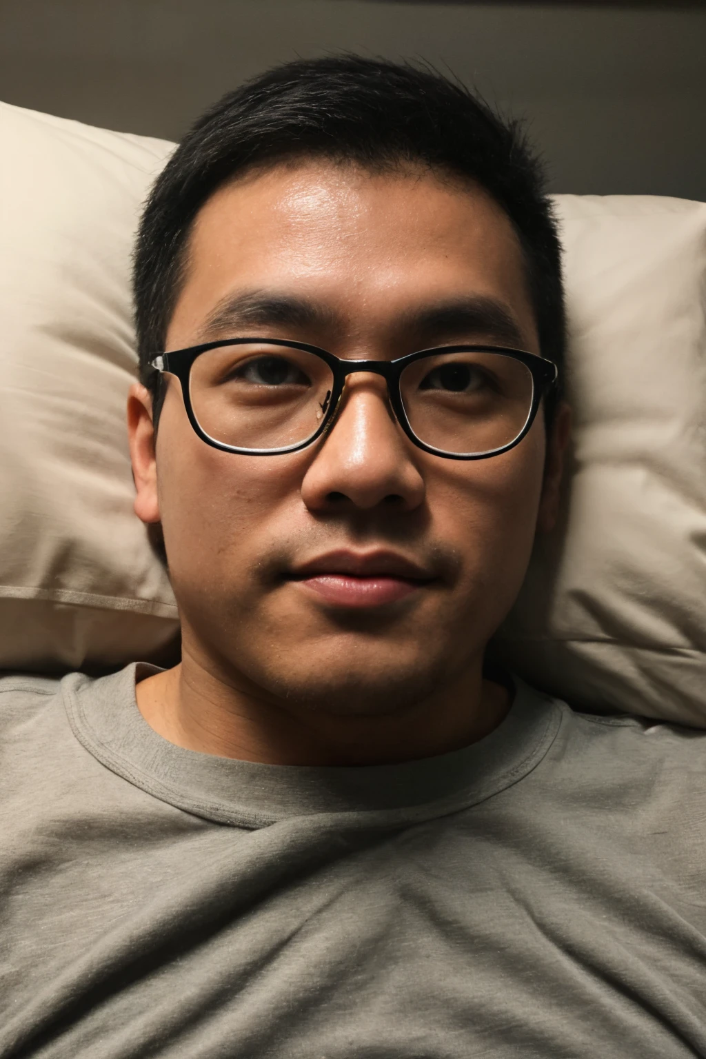 Andrew thomas huang, oval face, eyeglasses, neat muscular, head on pillow, sleeveless shirt, lying, bedroom, dark room, close up
