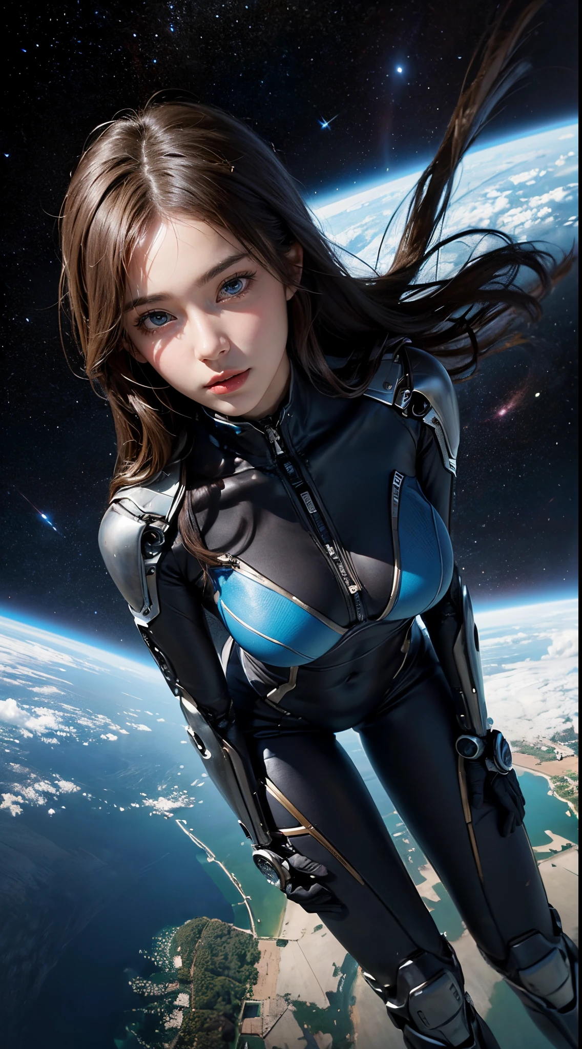 (A hyper-realistic, hight resolution, ighly detailed:1.2), (8K), (beatiful detailed eyes, A detailed face:1.2), (top-quality), (ultra-detailliert), ((masterpiece)), Beautiful woman experiencing weightlessness in outer space, Enjoy spacewalking , Shapely, Longhaire, beautiful woman with blue eyes, (A beautiful girl equipped with a full-body mechanical suit:1.3), (Half-body shot), You can see the beautiful blue earth in the backgrounds,