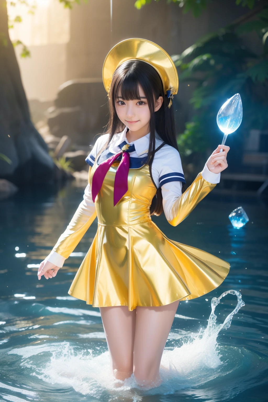 fantasy water user high school girl、full body Esbian、、gold uniform、、、、Idol face、Float sand with magic、