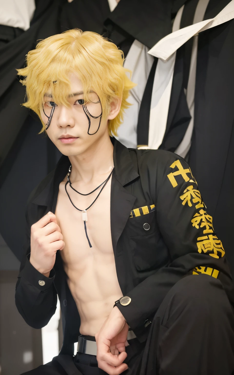 Boy, man, 1man, solo, yellow hair, short wavy hair, 
  (Takemichi Hanagaki hair style), (takemichi Hanagaki from tokyo revengers), wearing a necklac, wearing a black shirt and trousers, wearing the Tokyo Manji uniform, wearing a white belt,