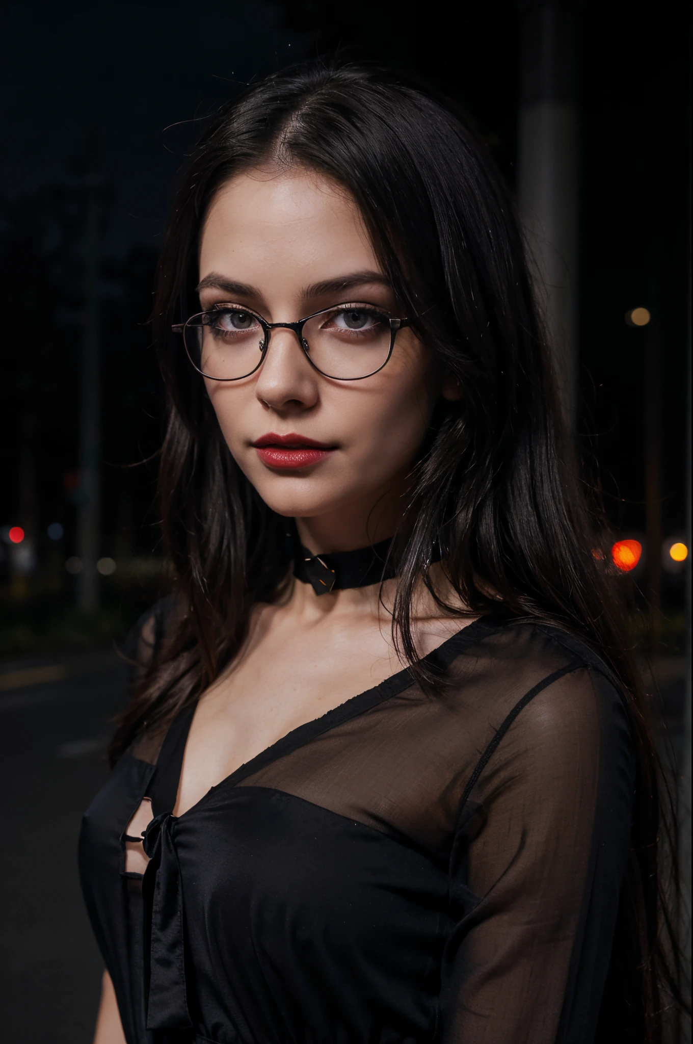 a sexy skinny caucasian nerdy girl glasses portrait night sky empty road dark atmosphere, the wind slightly ruffling black long straight hair, slightly squinted eyes, red amazing lipstick, beautiful makeup with eyeshadows, mouth slightly open, provocative, choker, transparent silk blouse
((best quality)), ((masterpiece)), (detailed), seed 500000, perfect face, detailed amazing eyes, symetric face