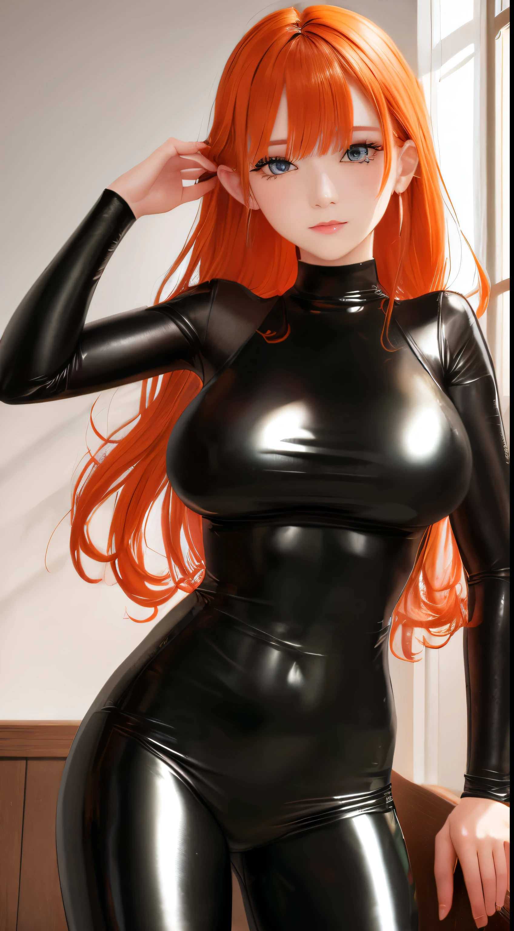 masterpiece, best quality, ultra-detailed, beautiful lighting, 1girl, milf, orange hair, green eyes, freckles, turtleneck, looking at viewer, black latex leggins