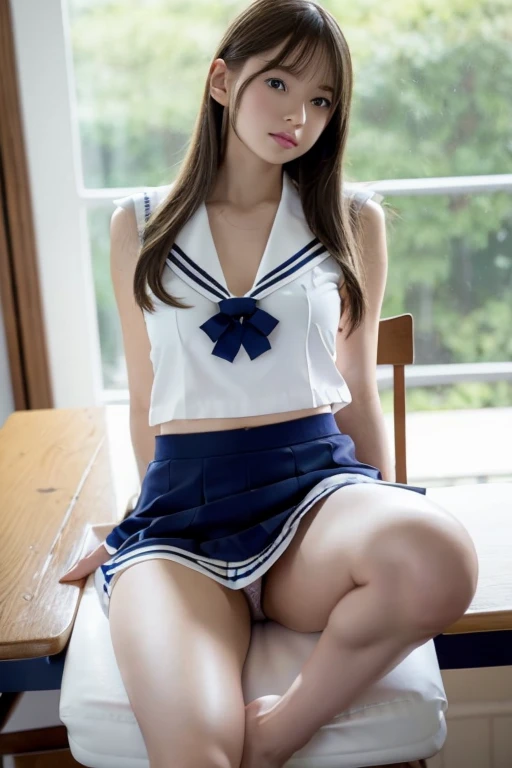 Photos of very beautiful Nordic-born girls, ars A young beautiful blonde girl wearing a sailor suit is sitting on a chair in the classroom, opening her legs and showing us the crotch of her panties through the gap in her skirt., Her white blouse is flipped up and her bra is visible.、The plaid skirt is turned up、holding one leg with both hands、hands grasp the back of the knees Seductive open legs pose, white bikini shorts, white panties made of lace material、 Nipples are see-through, Panties are sheer, too small underwear, camel toe, mekosj