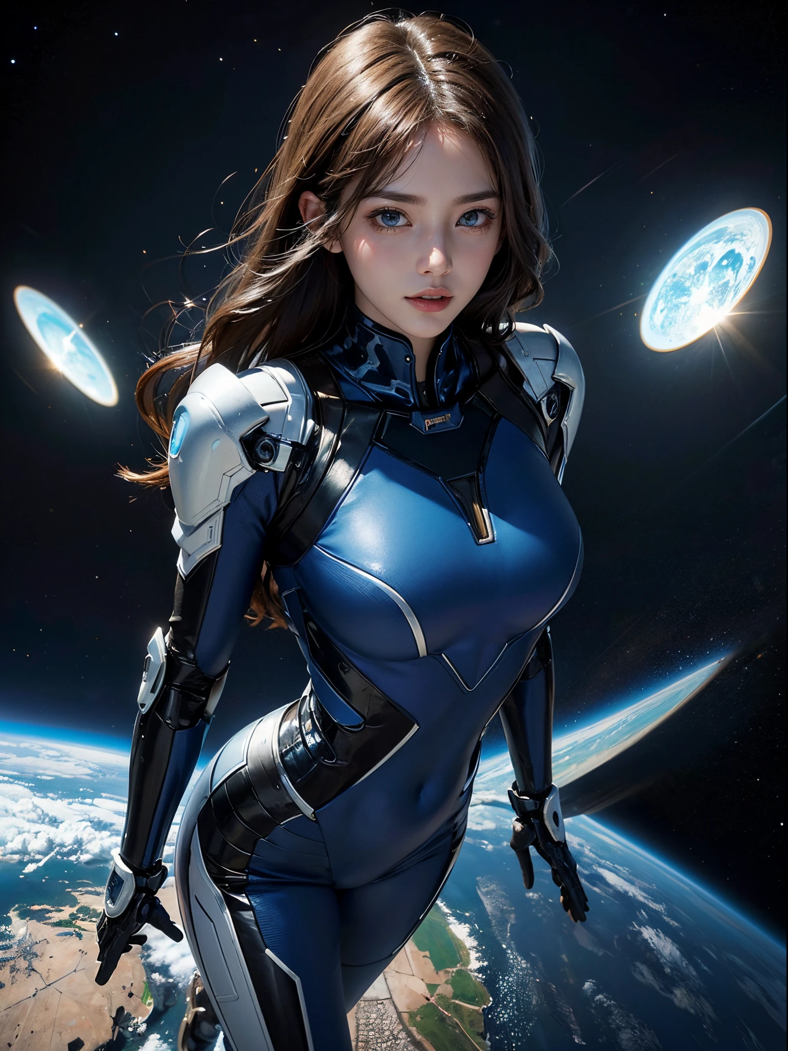 (A hyper-realistic,hight resolution, ighly detailed:1.2), (8K), (beatiful detailed eyes, A detailed face:1.2), (top-quality), (ultra-detailliert), ((​masterpiece)), Beautiful woman experiencing weightlessness in outer space,Shapely,Longhaire,beautiful woman with blue eyes, Wearing a Gerrn spacesuit,(sitting in the cockpit of a spaceship),You can see the beautiful blue earth in the backgrounds