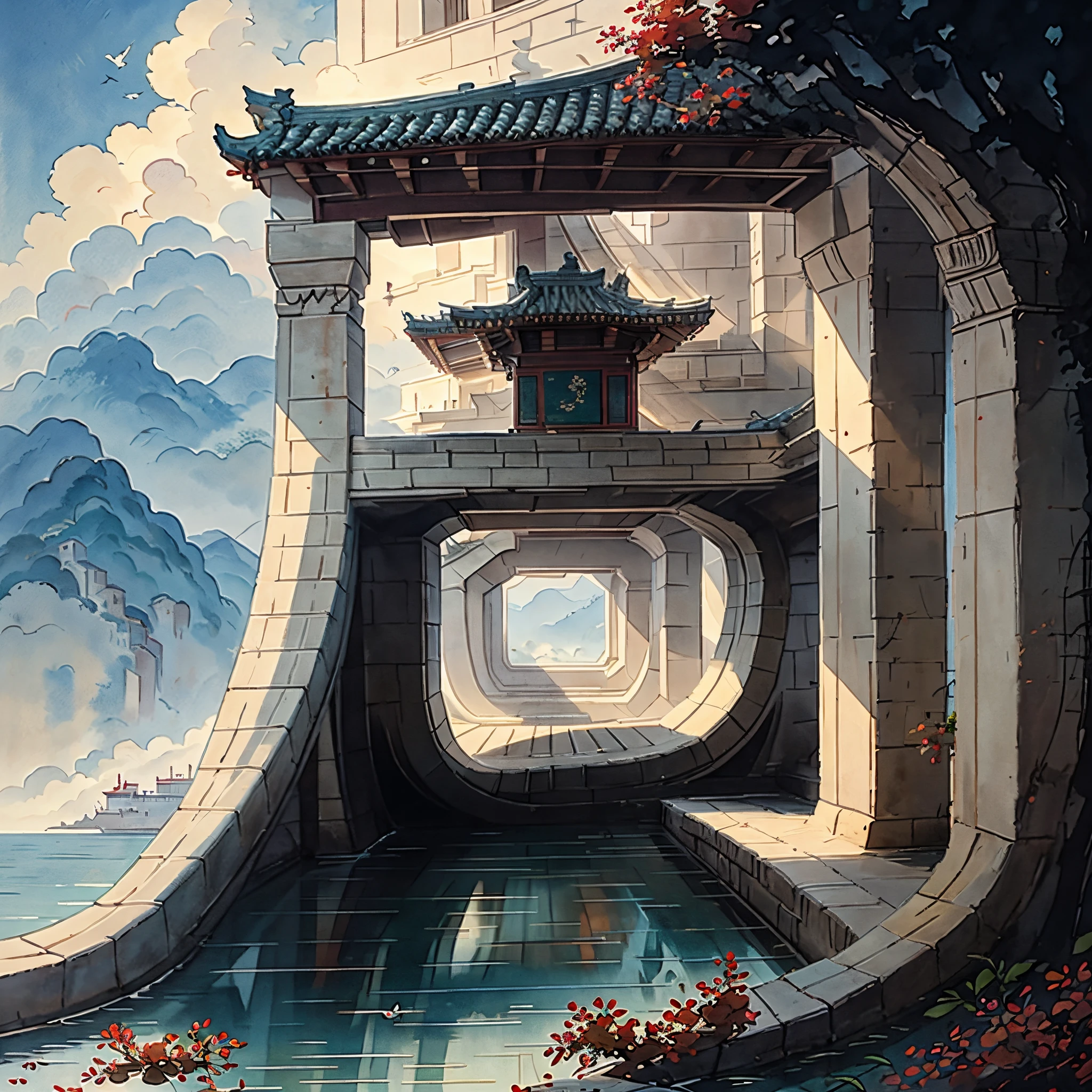 (Depth of field effect) (Chinese ancient architecture group on isolated island), (Tower, Building) (Pavilion,miscellaneous trees, Clouds, green trees, maple trees, red trees, small stones, small birds), Chinese watercolor style, (Chinese painting style), Chinese landscapes,Traditional Chinese watercolor paintings,Chinese paintings,watercolor8K, (reflections), clear boundaries between light and shadow, light and shadow, light and shadow effect, masterpiece,super details, epic work, ultra high definition, high quality, very detailed, official art, unified 8K wallpaper, super details,Contrast between light and dark.