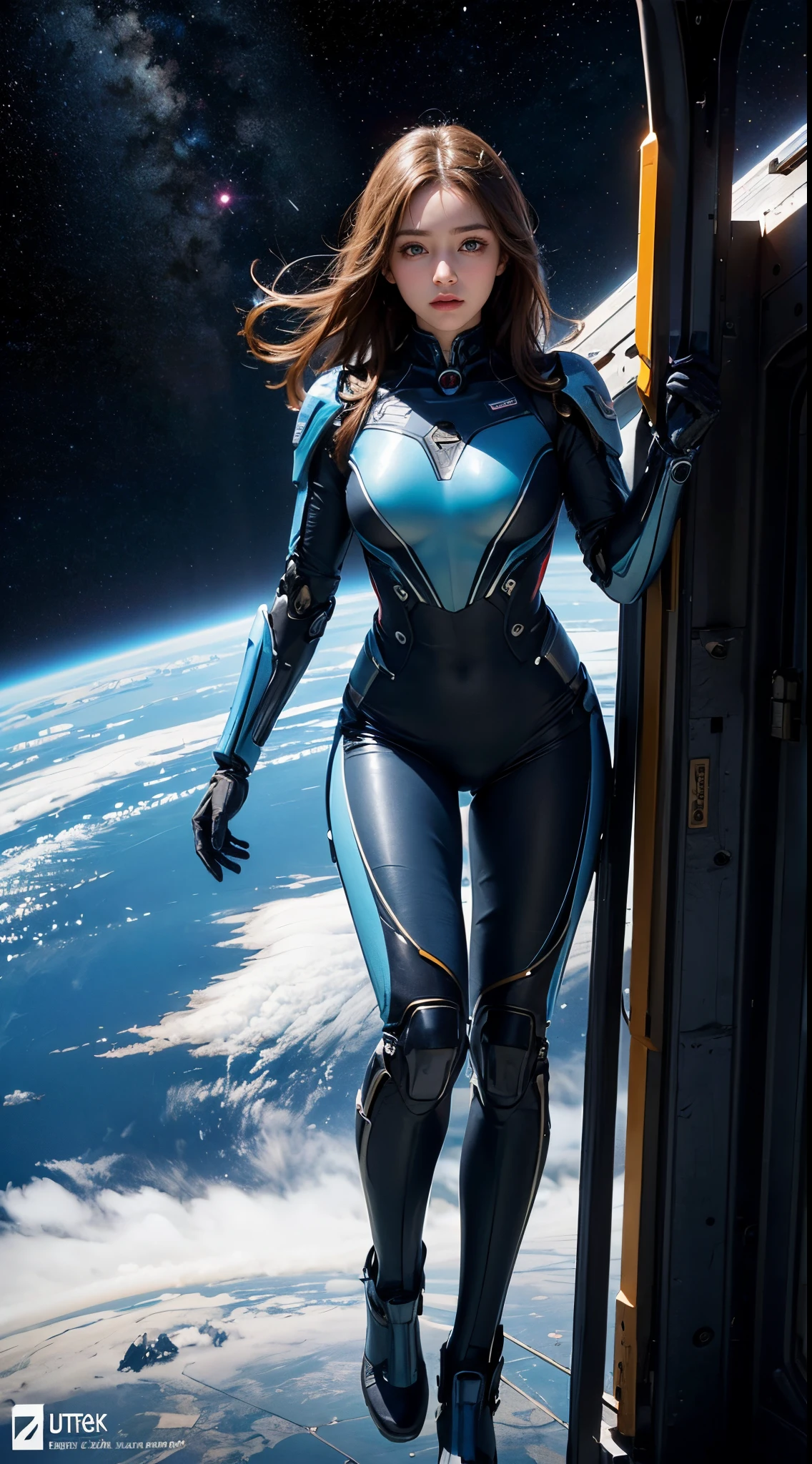 (A hyper-realistic, hight resolution, ighly detailed:1.2), (8K), (beatiful detailed eyes, A detailed face:1.2), (top-quality), (ultra-detailliert), ((​masterpiece)), Beautiful woman experiencing weightlessness in outer space, Enjoy spacewalking , Shapely, Longhaire, beautiful woman with blue eyes, (A beautiful girl equipped with a full-body mechanical suit:1.3), (Half-body shot), You can see the beautiful blue earth in the backgrounds,